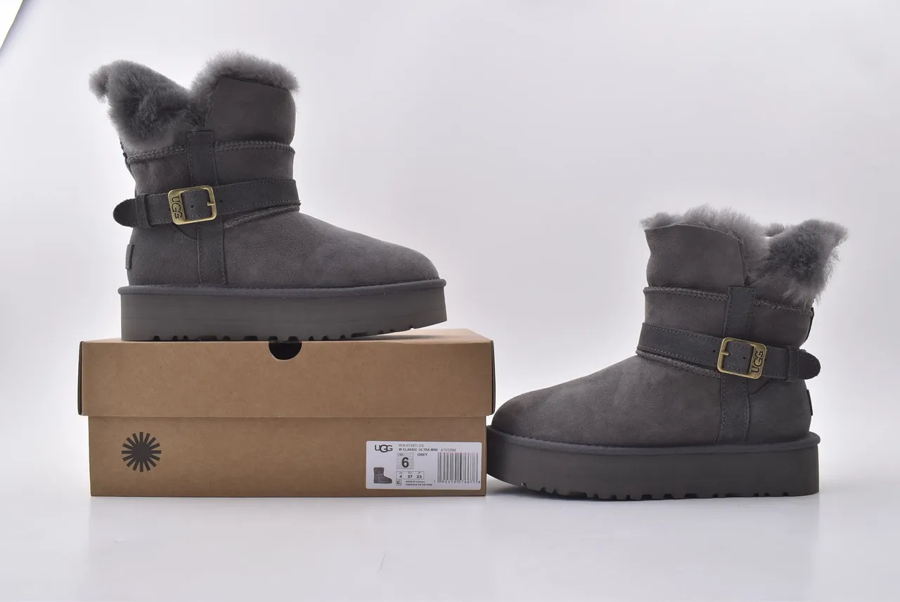 UGG Gray Beige Suede Upper Shearling-Lined Cuff Snow Boots 3