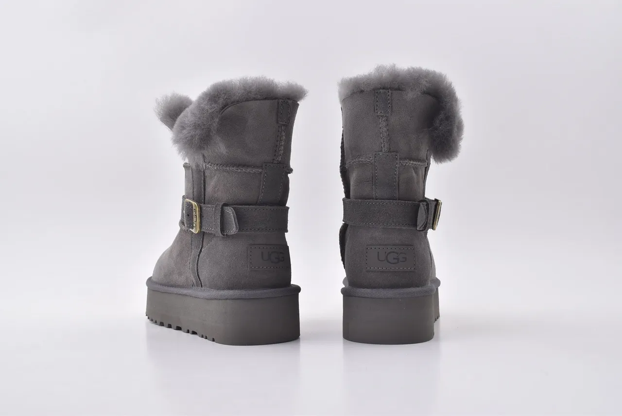 UGG Gray Beige Suede Upper Shearling-Lined Cuff Snow Boots 6