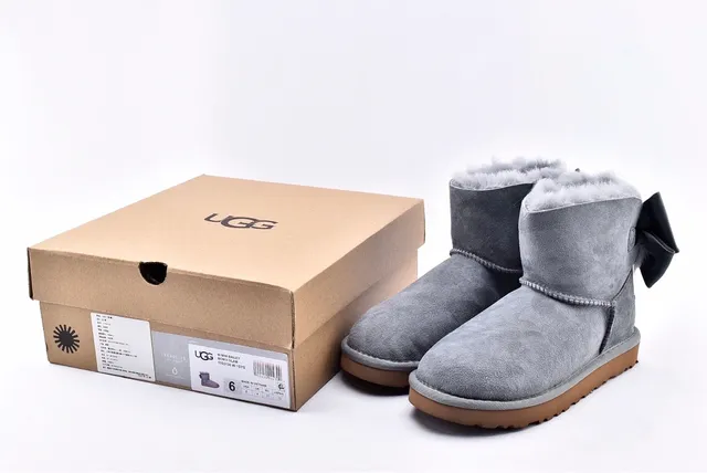 UGG Mini Bailey Bow Gray Suede Shearling-Lined Snow Boots 15