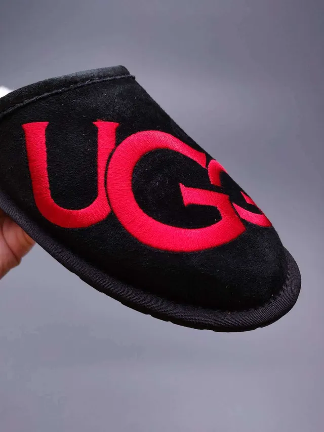 UGG Tasman Black Red Suede Upper White Shearling Lining Slippers 4