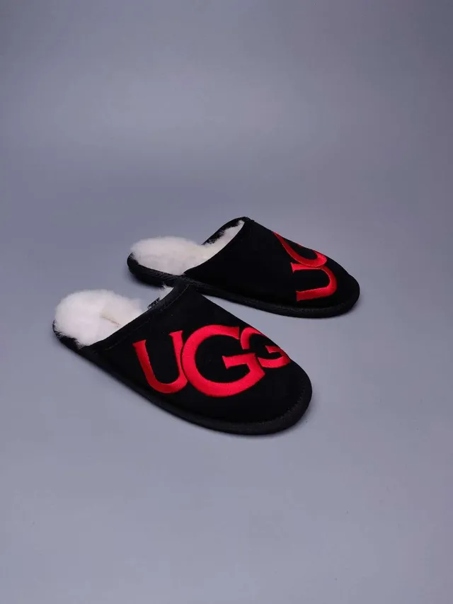 UGG Tasman Black Red Suede Upper White Shearling Lining Slippers 5
