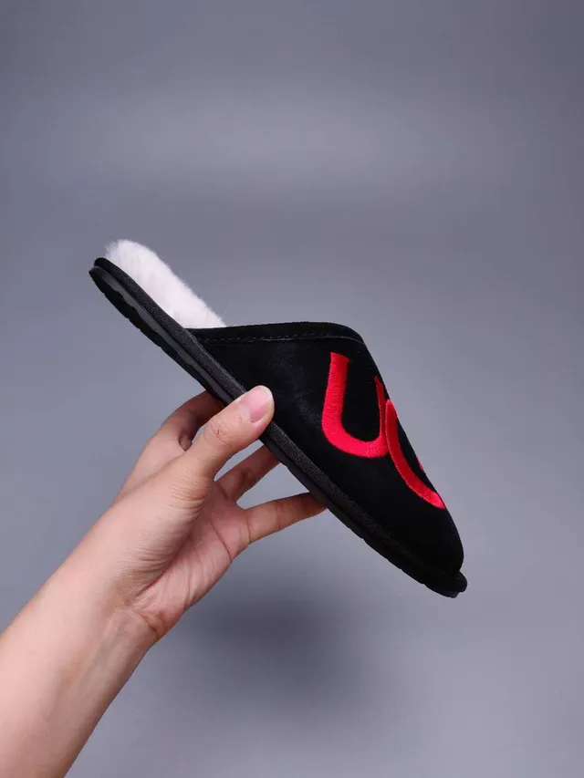UGG Tasman Black Red Suede Upper White Shearling Lining Slippers 8