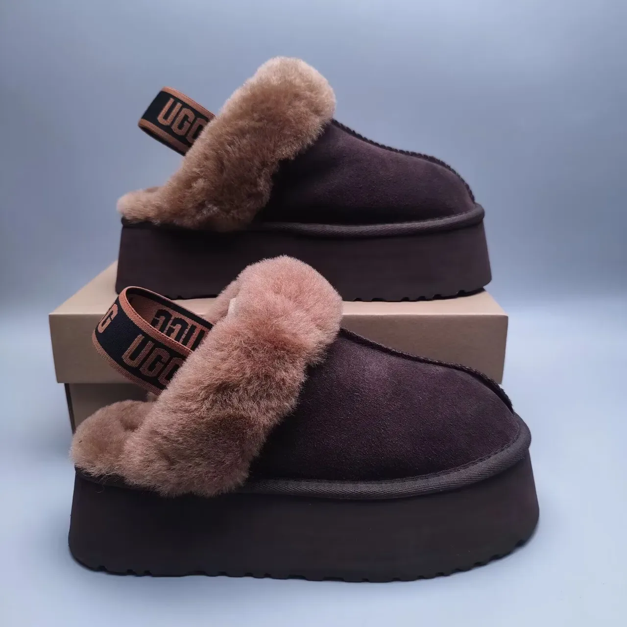 UGG Tasman Brown Beige Platform Sole Shearling-Trimmed Casual Shoes 6