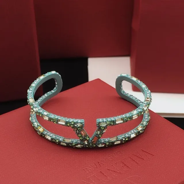 Valentino bracelet bleu vert ouvert cuff Pavé cristal incrusté 5