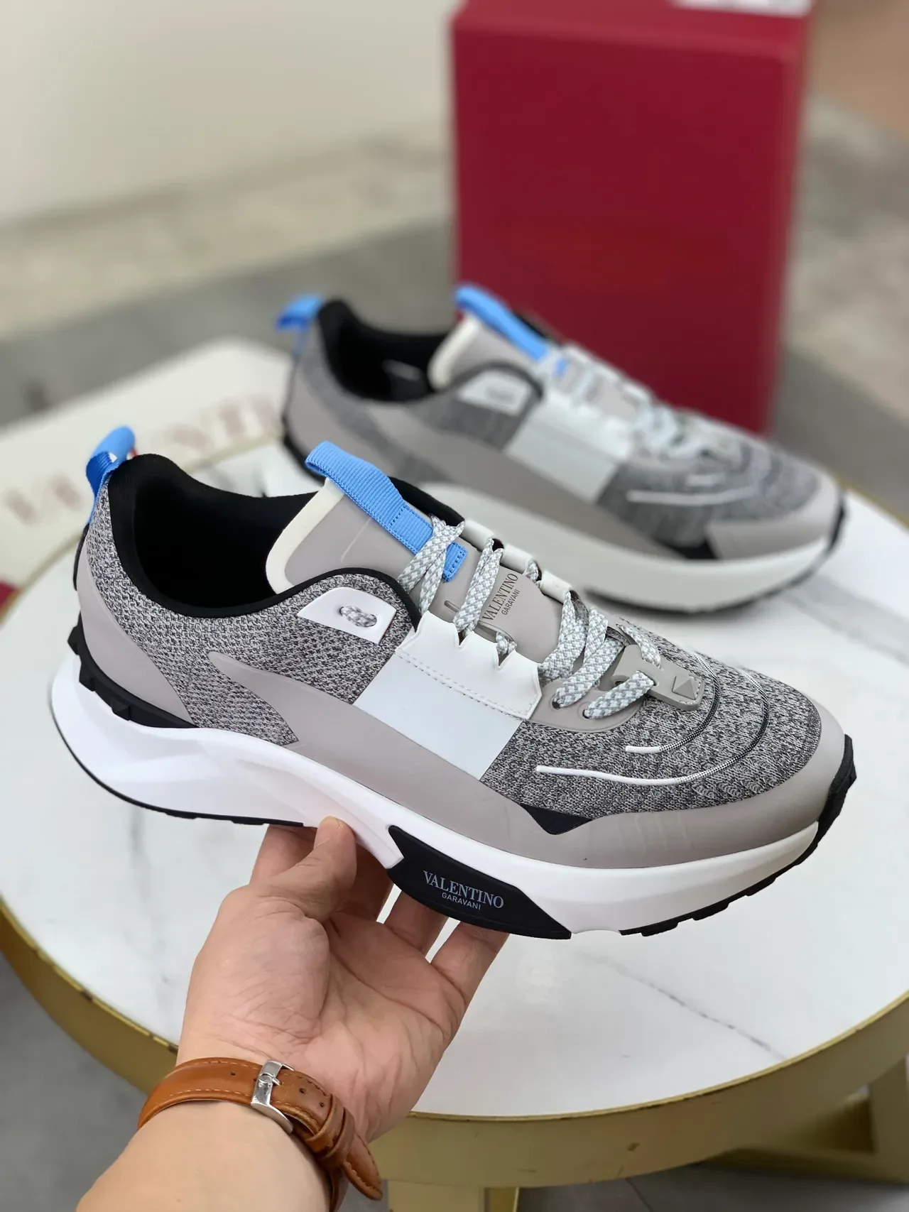 Valentino Gris Blanc Semelle Chunky à Plateforme Upper en Maille Heather Sneakers Lifestyle 5
