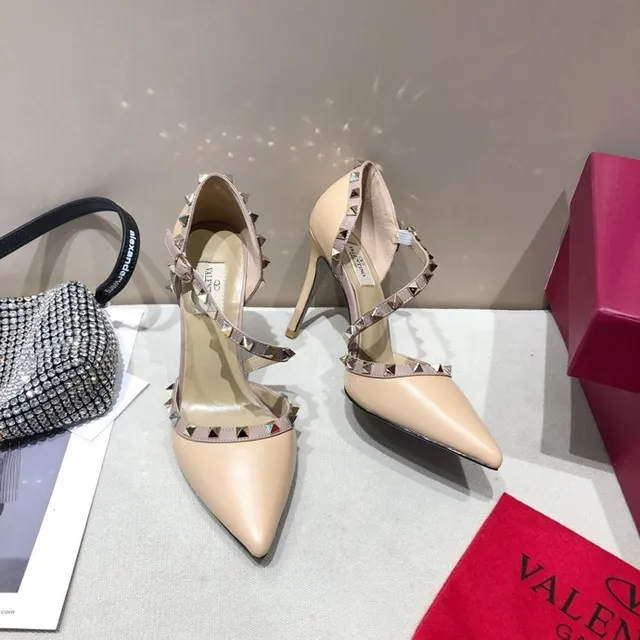 Valentino Rockstud Beige Silver Pointed-Toe T-Strap Stiletto 2