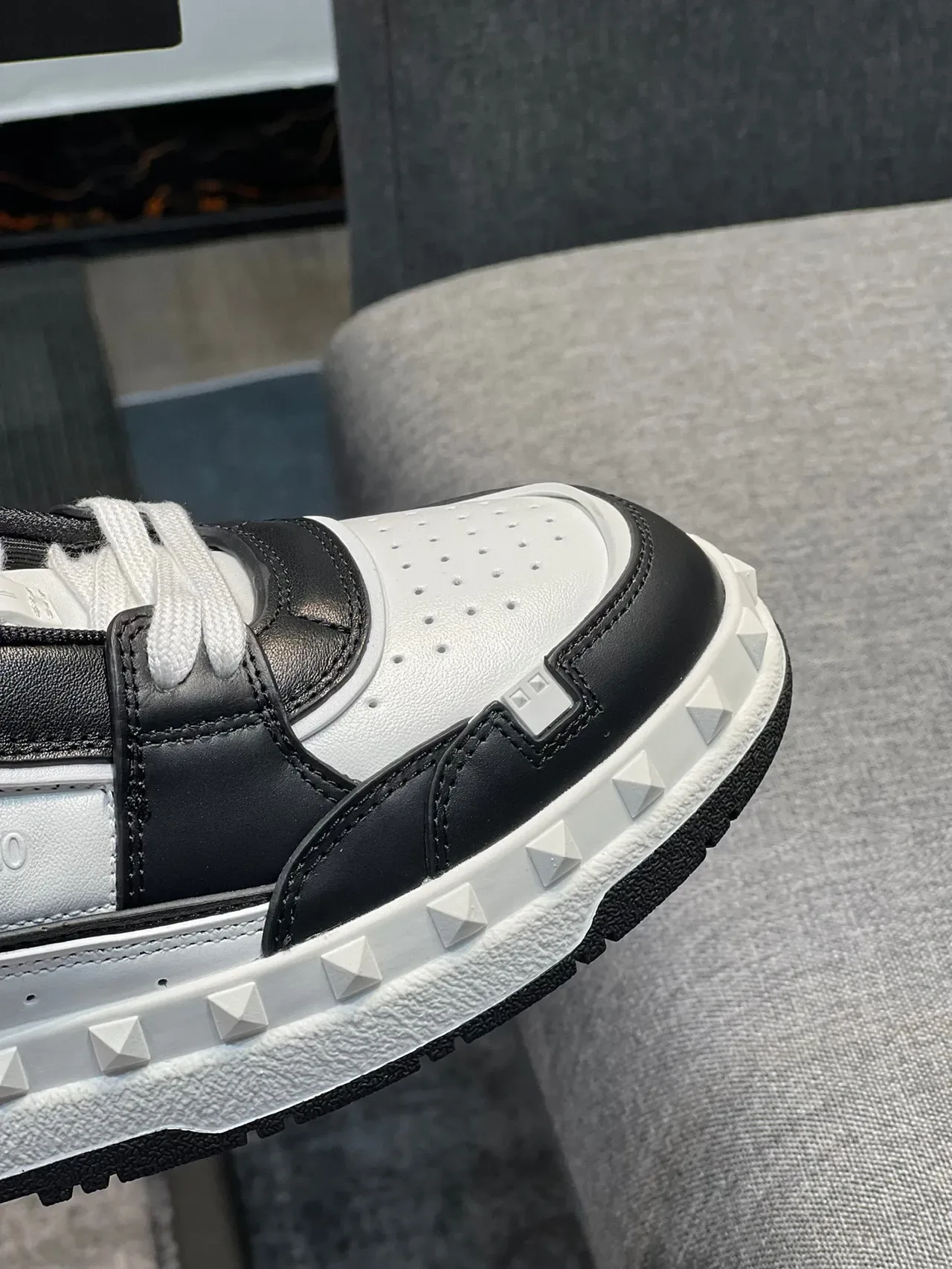 Valentino Rockstud Black and White Pyramid Stud Lifestyle Sneakers 3