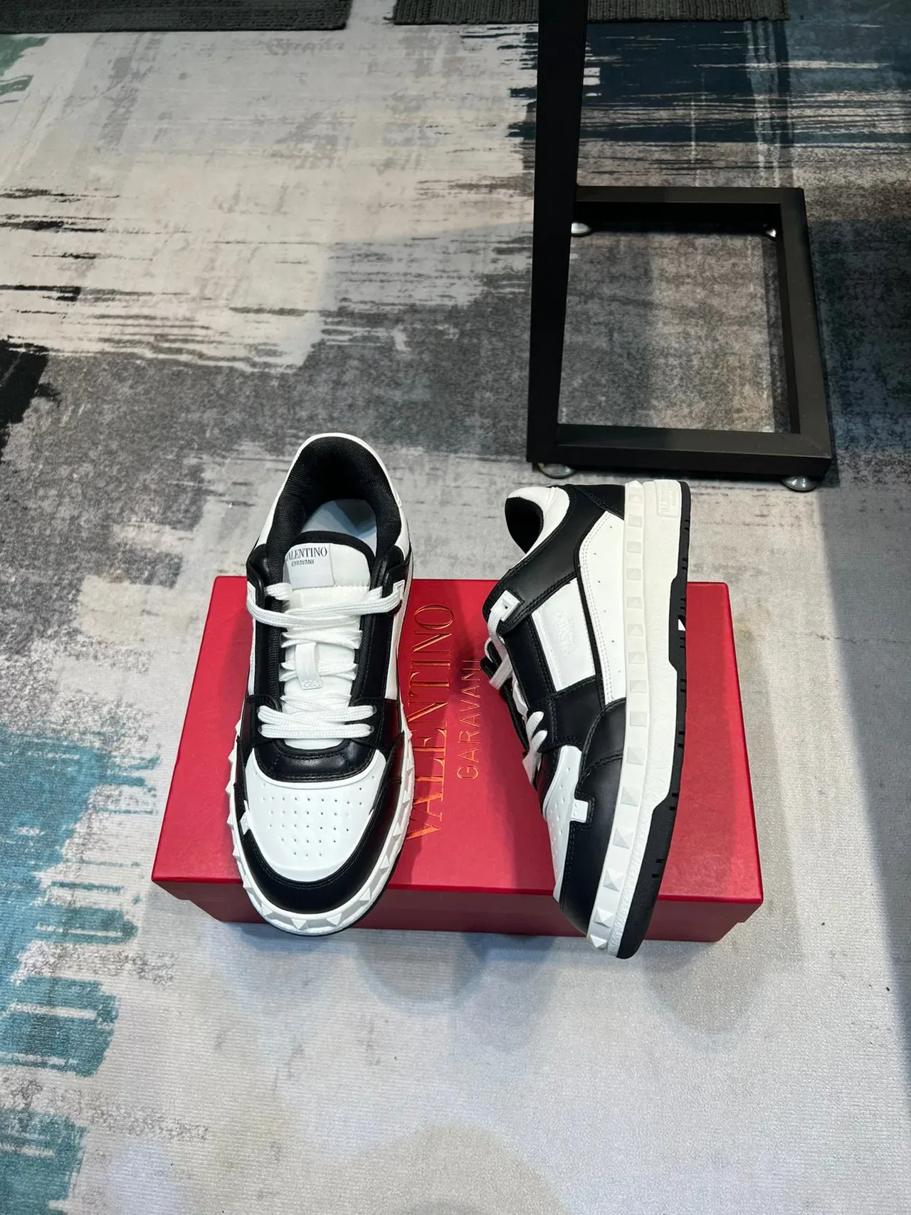 Valentino Rockstud Black and White Pyramid Stud Lifestyle Sneakers 4