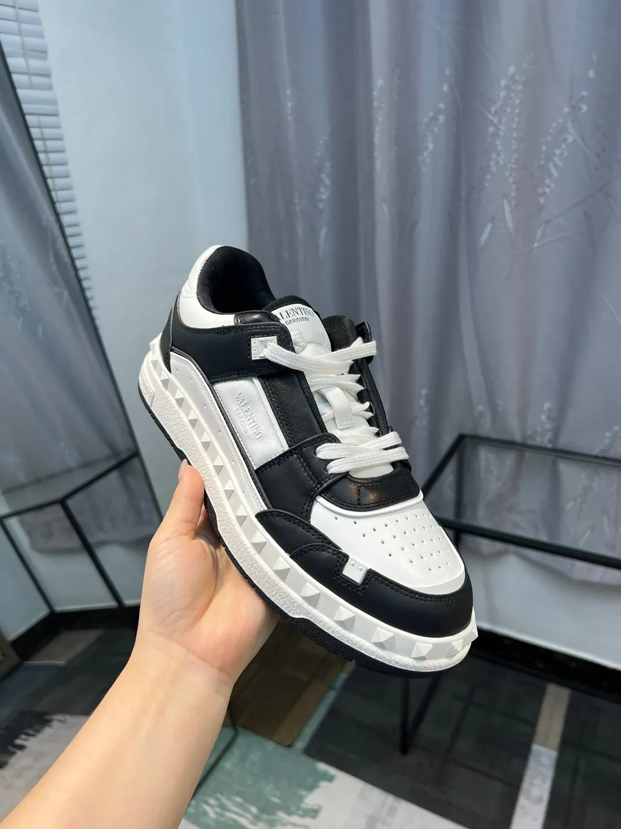 Valentino Rockstud Black and White Pyramid Stud Lifestyle Sneakers 5
