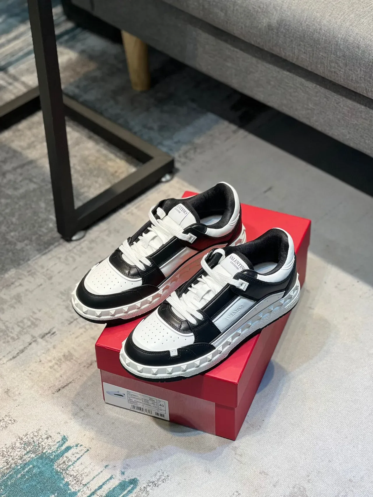 Valentino Rockstud Black and White Pyramid Stud Lifestyle Sneakers 6