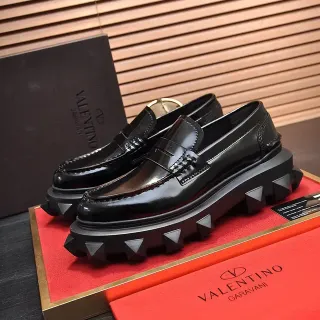 Valentino Rockstud Black Polished Leather Spiked Platform Sole Loafer