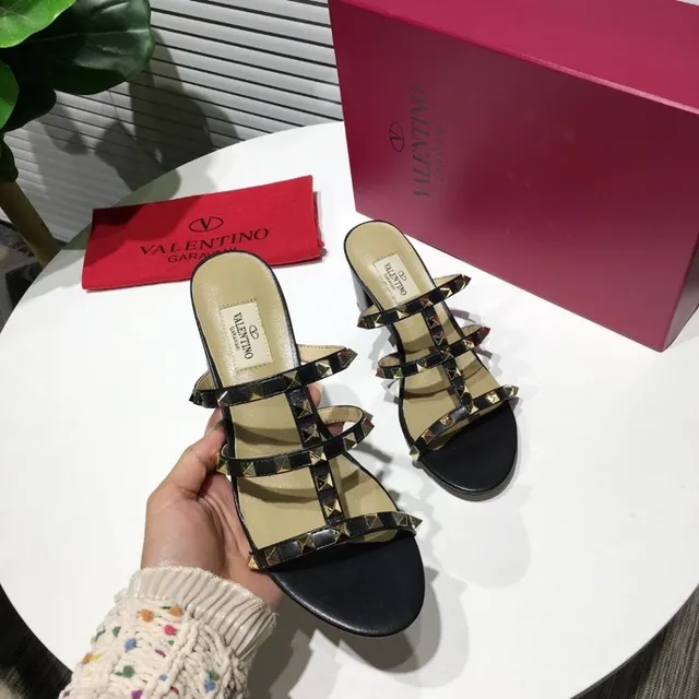 Valentino Rockstud Black Studded Triple-Strap Block Heel Gladiator Sandals 7