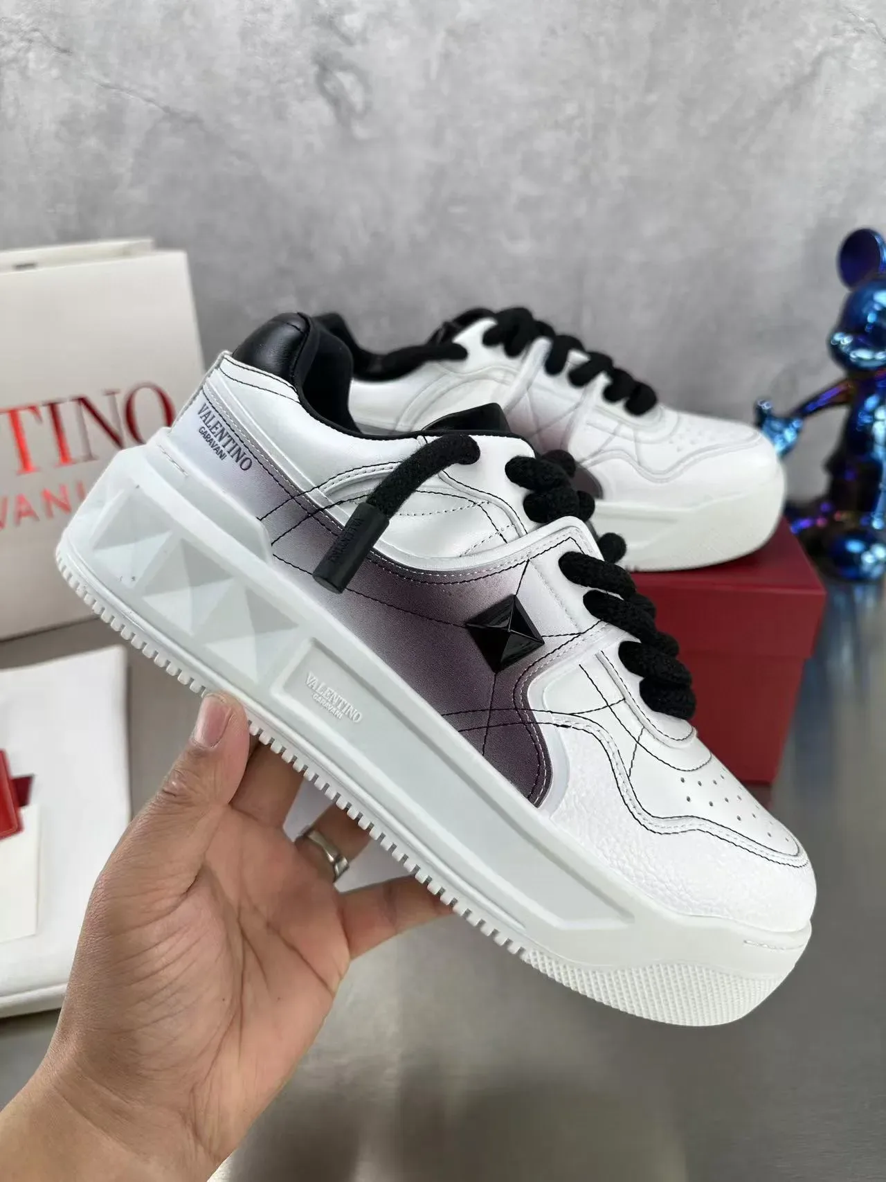 Valentino Rockstud White Black Pyramid Stud Lifestyle Sneakers 2