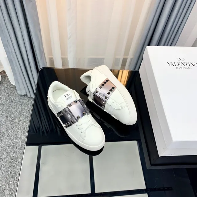 Valentino Rockstud White Leather Metallic Strap Pyramid Stud Lifestyle Sneakers 4