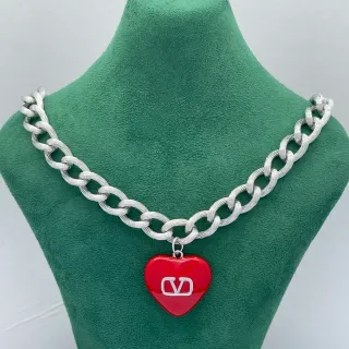 Valentino VLogo Heart Red Enamel Silver Chain Necklace