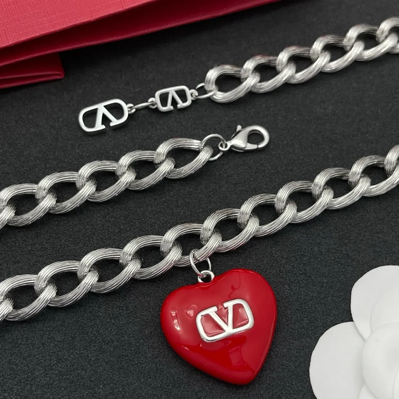 Valentino VLogo Collier Chaîne Argent Émail Cœur Rouge 5