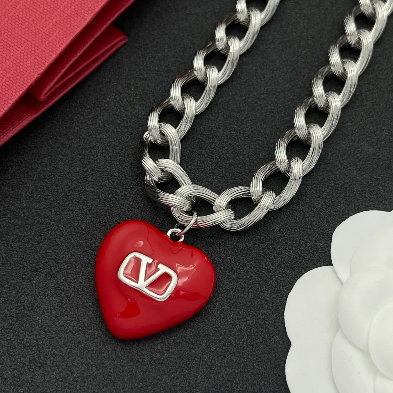 Valentino VLogo Collier Chaîne Argent Émail Cœur Rouge 6