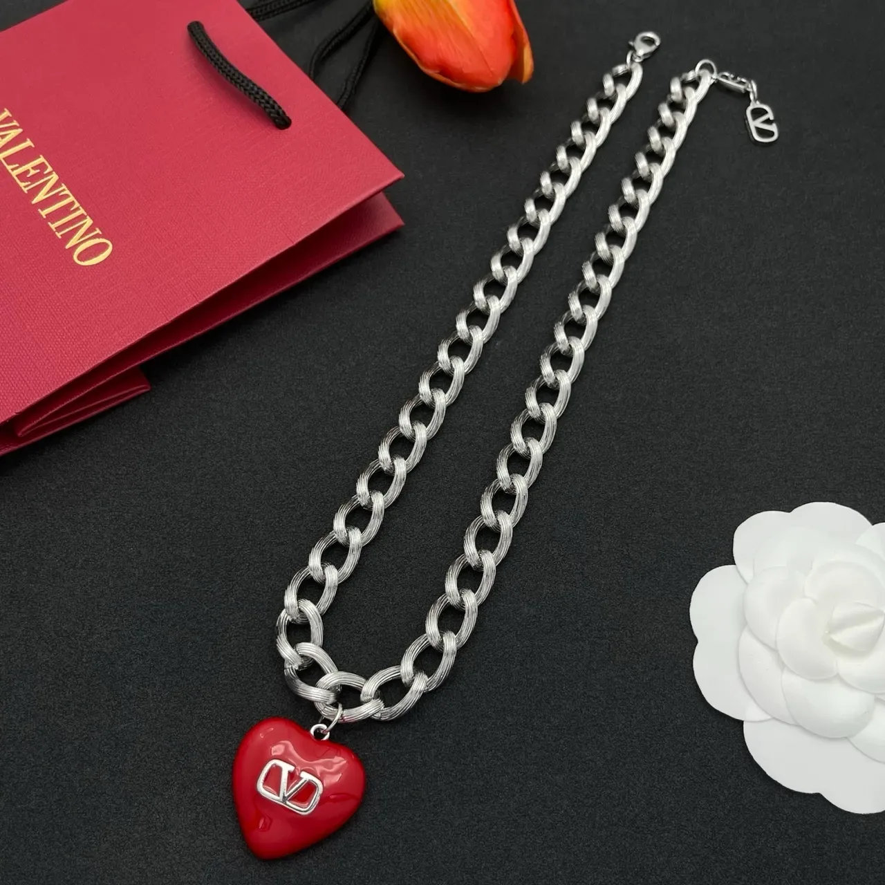Valentino VLogo Collier Chaîne Argent Émail Cœur Rouge 7