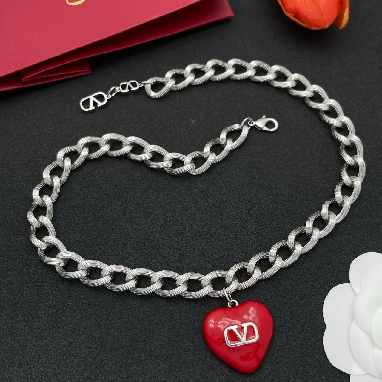 Valentino VLogo Collier Chaîne Argent Émail Cœur Rouge 8