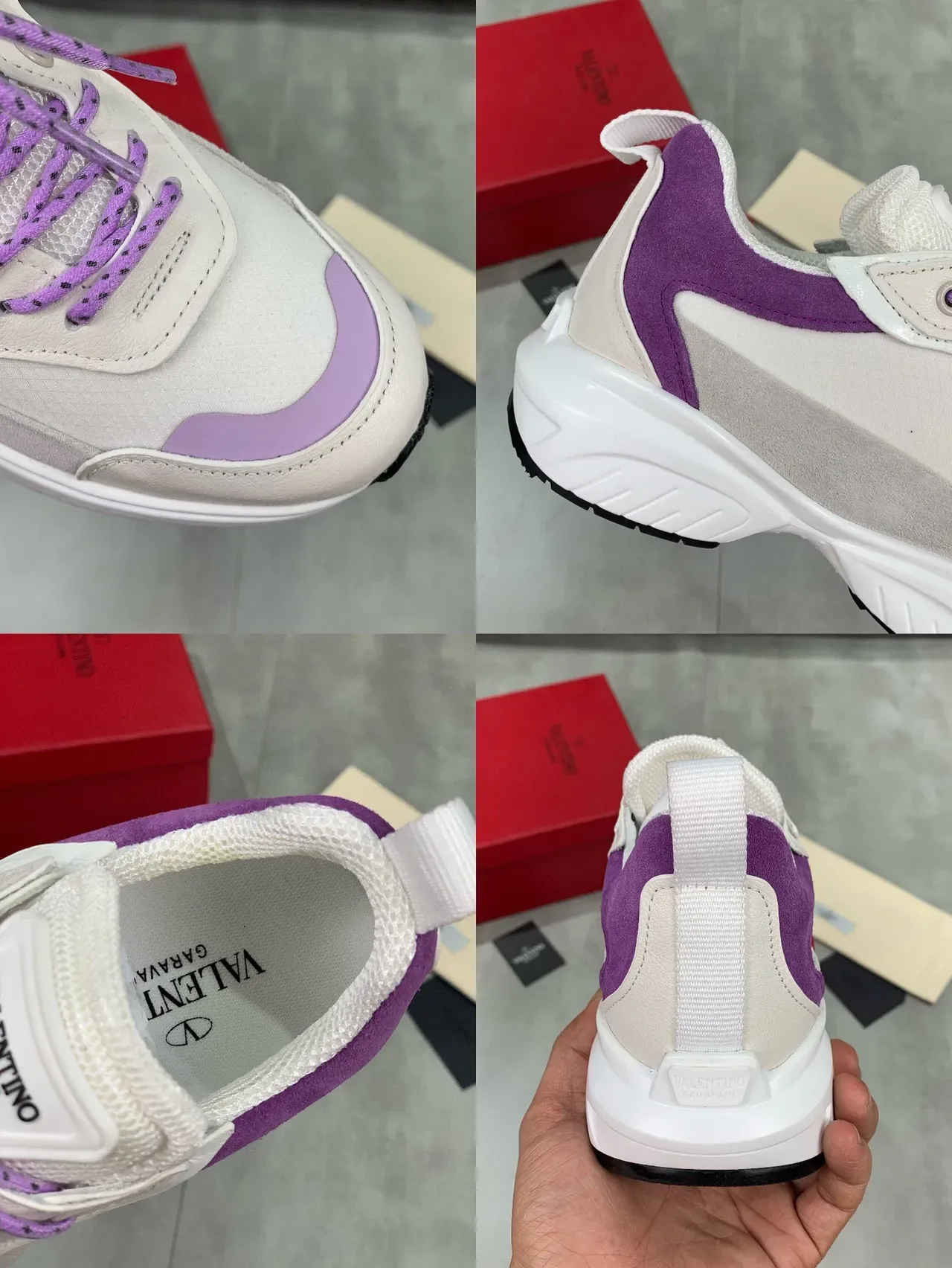 Valentino VLTN বেইজ পার্পল সোল মিক্সড ম্যাটেরিয়াল আপার চাঙ্কি স্নিকার 2