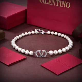 Valentino VLTN White Silver Pearl Strand Pavé Clasp Necklace