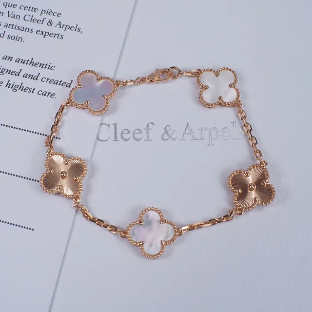Van Cleef & Arpels Alhambra Cinco Motivos Ouro Rosa Madreperla e Esmalte Guilloché Pulseira 5