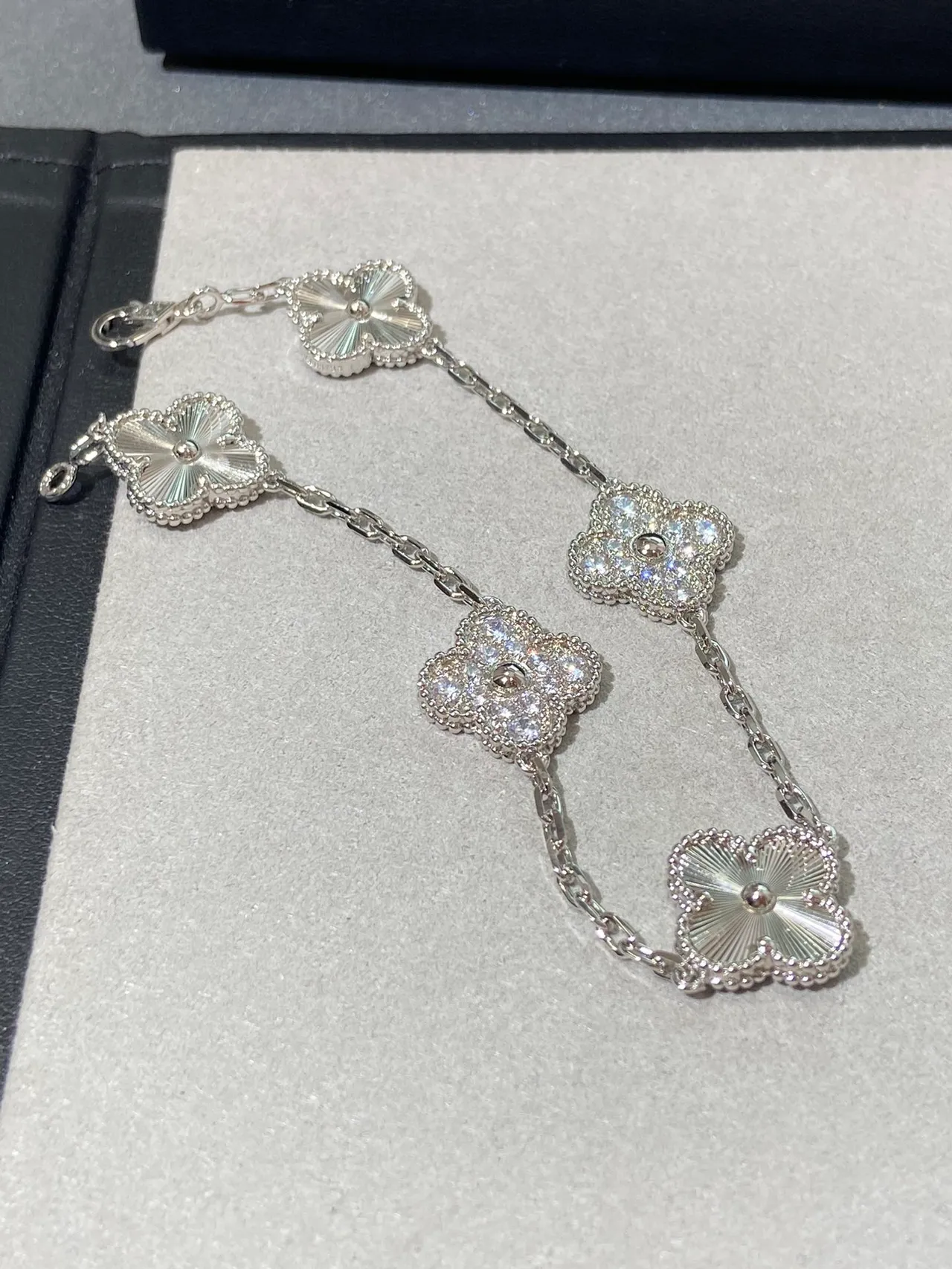 Van Cleef & Arpels Alhambra Five-Motif Silver and Pavé Diamond Bracelet 4