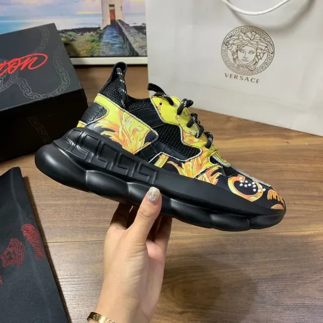 Versace Black Multicolor Baroque-Print Upper Greca Motif Trim Chunky Sneakers 4