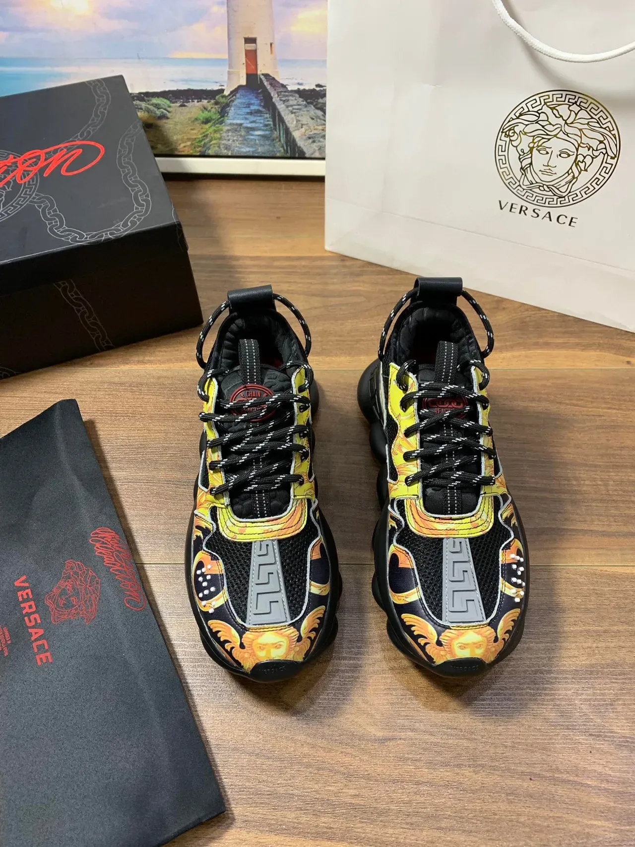 Versace Black Multicolor Baroque-Print Upper Greca Motif Trim Chunky Sneakers 6