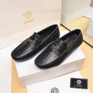 Versace Loafer Noir Argent Cuir Croc-Embossé Tête Medusa Boucle Métal
