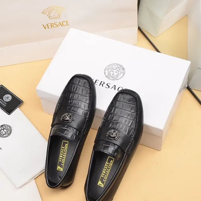Versace Loafer Noir Argent Cuir Croc-Embossé Tête Medusa Boucle Métal 3
