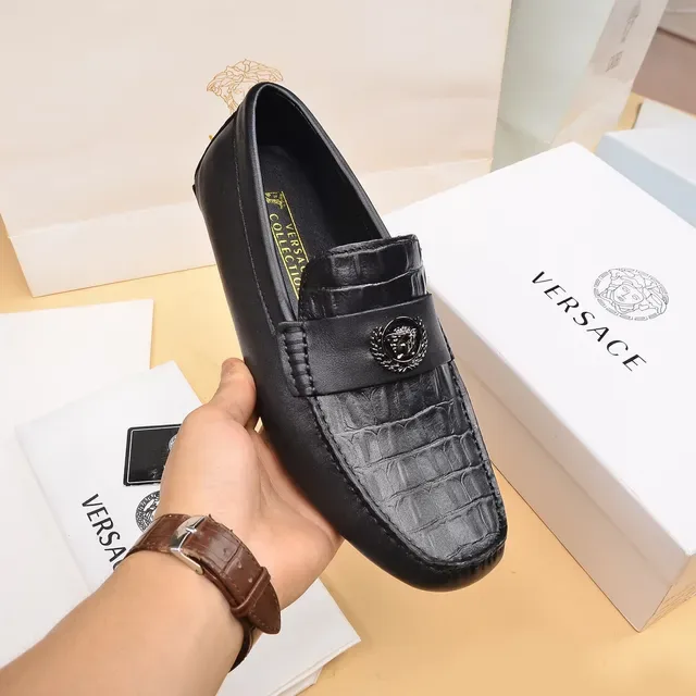 Versace Loafer Noir Argent Cuir Croc-Embossé Tête Medusa Boucle Métal 6