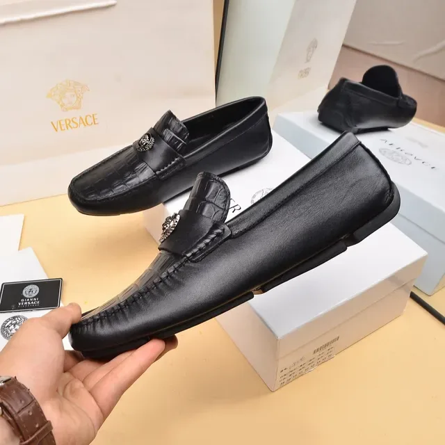 Versace Loafer Noir Argent Cuir Croc-Embossé Tête Medusa Boucle Métal 7