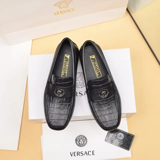 Versace Loafer Noir Argent Cuir Croc-Embossé Tête Medusa Boucle Métal 9