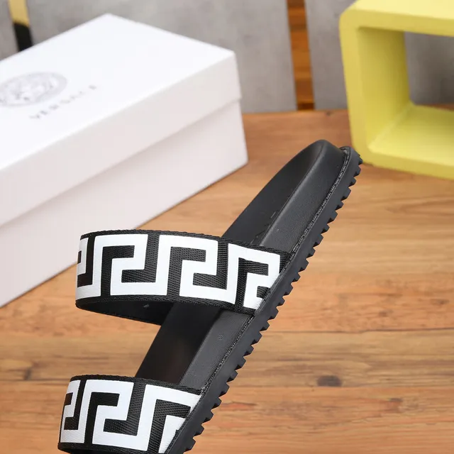 Versace Black White Double-Strap Greek Key Pattern Slippers 3
