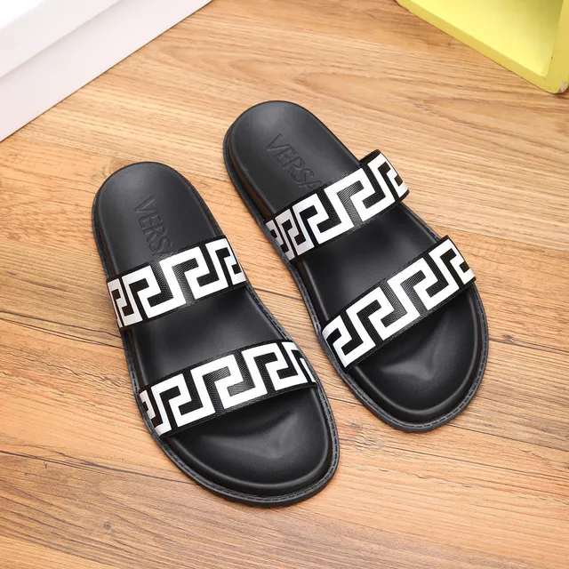 Versace Black White Double-Strap Greek Key Pattern Slippers 4