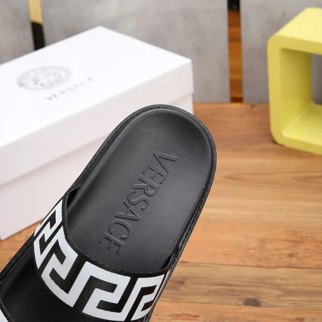 Versace Black White Double-Strap Greek Key Pattern Slippers 6