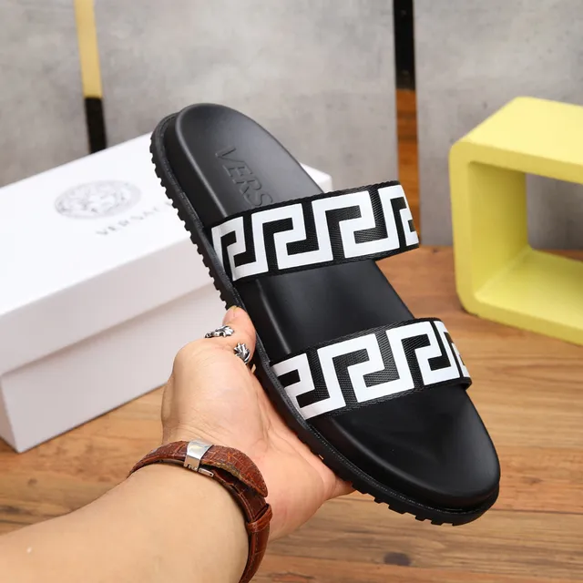 Versace Black White Double-Strap Greek Key Pattern Slippers 7