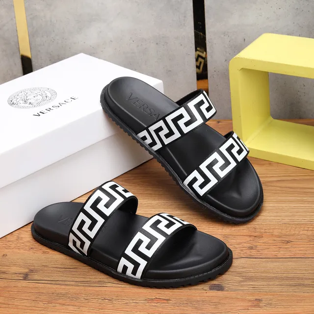 Versace Black White Double-Strap Greek Key Pattern Slippers 8