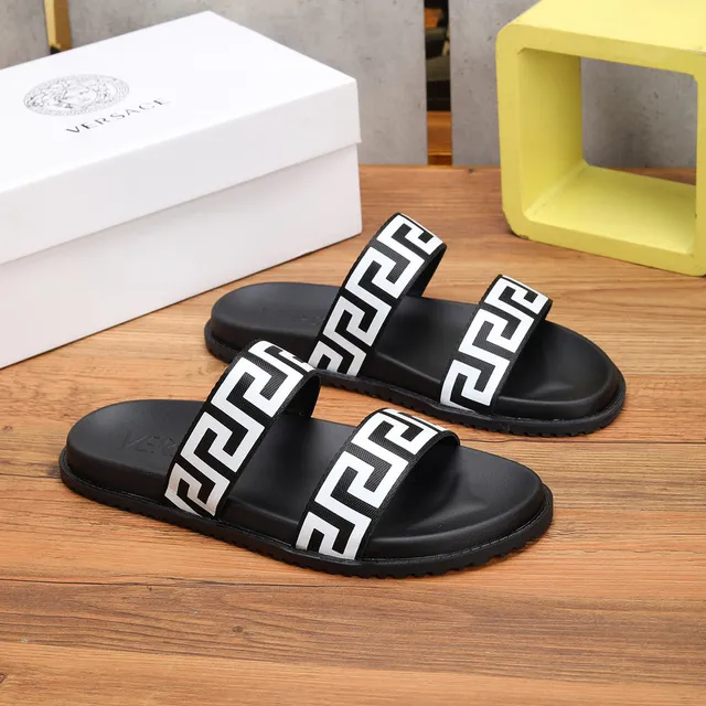 Versace Black White Double-Strap Greek Key Pattern Slippers 9