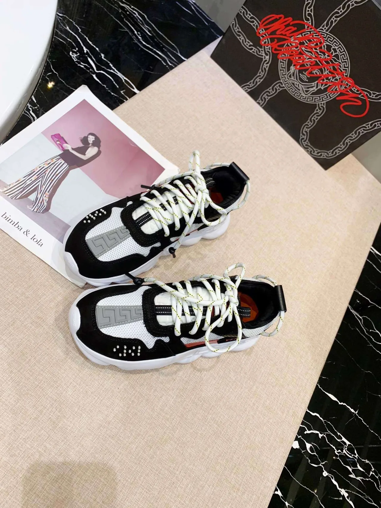 Versace Chain Reaction Black White Red Chunky Sneakers 2