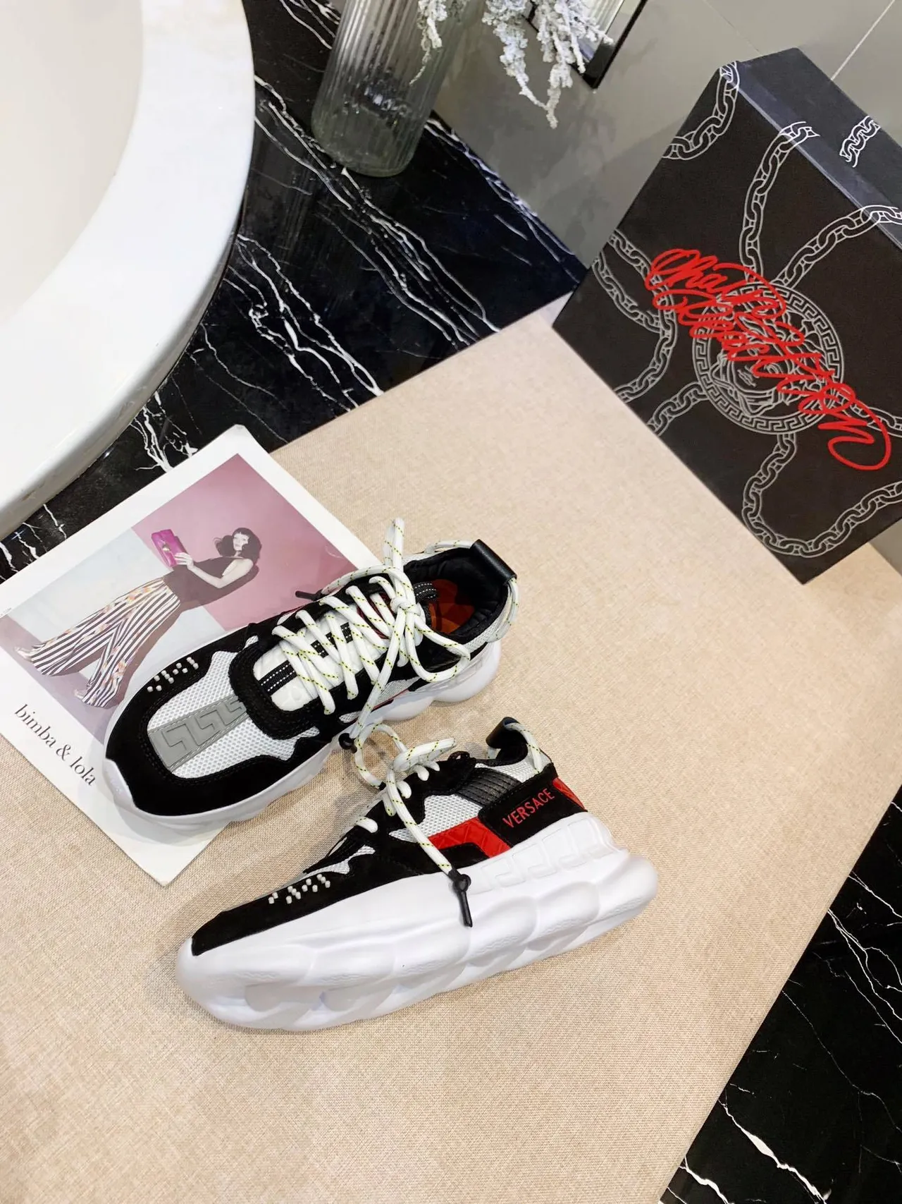 Versace Chain Reaction Black White Red Chunky Sneakers 4
