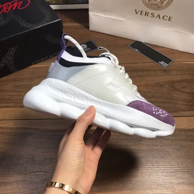 Versace Chain Reaction Chaussures Chunky Semelle Blanche Violette Translucide Cage Overlay 4
