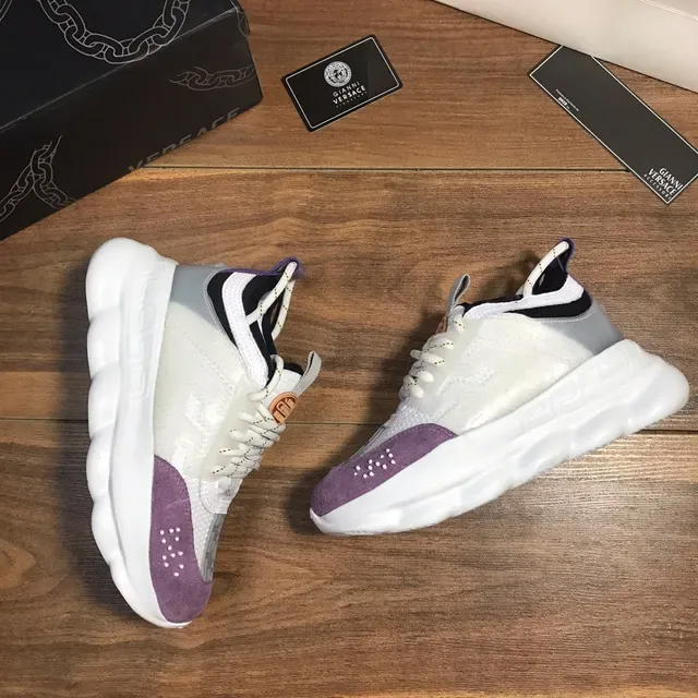 Versace Chain Reaction Chaussures Chunky Semelle Blanche Violette Translucide Cage Overlay 6