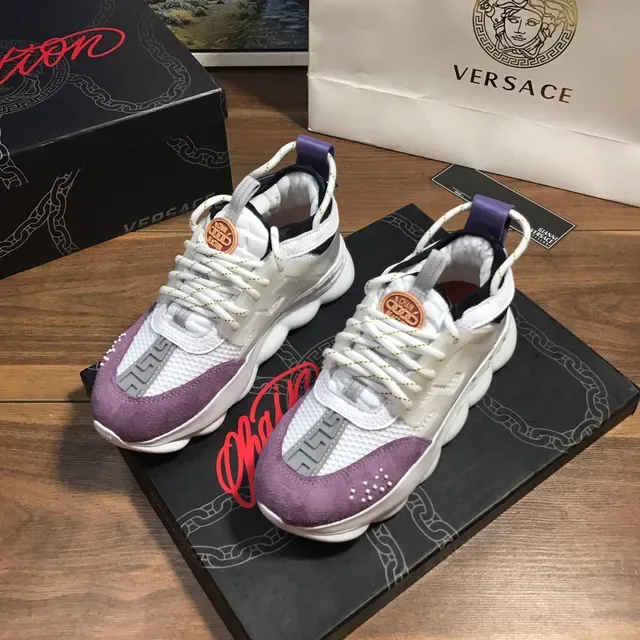 Versace Chain Reaction Chaussures Chunky Semelle Blanche Violette Translucide Cage Overlay 8