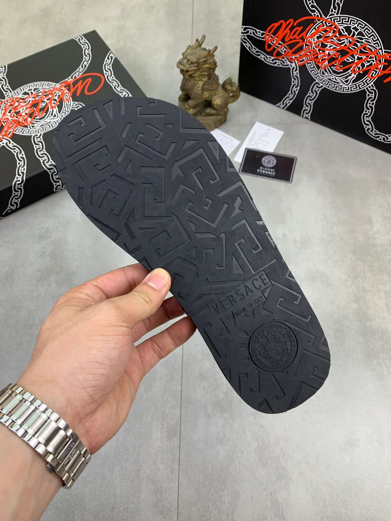 Versace Greca Flip-Flop Black White Embossed Pattern Medusa Head Detail Slippers 3