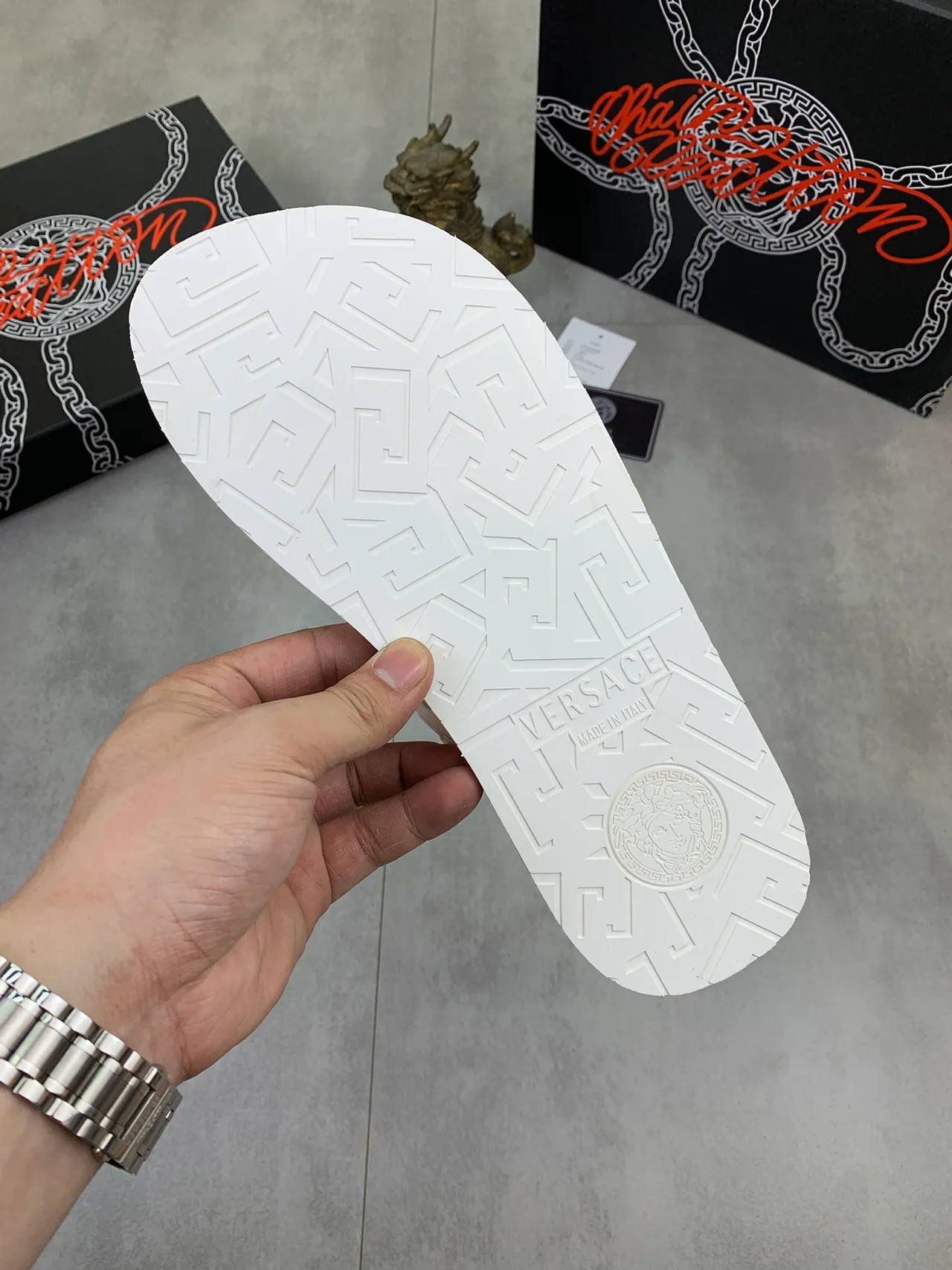 Versace Greca Flip-Flop Black White Embossed Pattern Medusa Head Detail Slippers 5