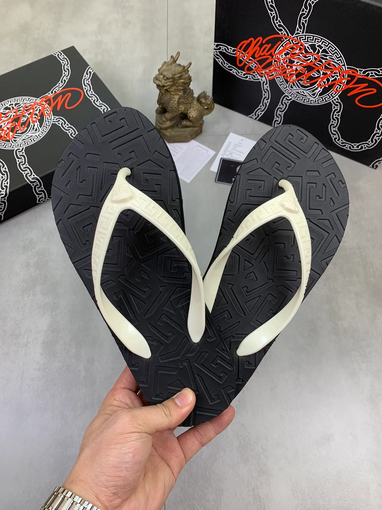 Versace Greca Flip-Flop Black White Embossed Pattern Medusa Head Detail Slippers 7