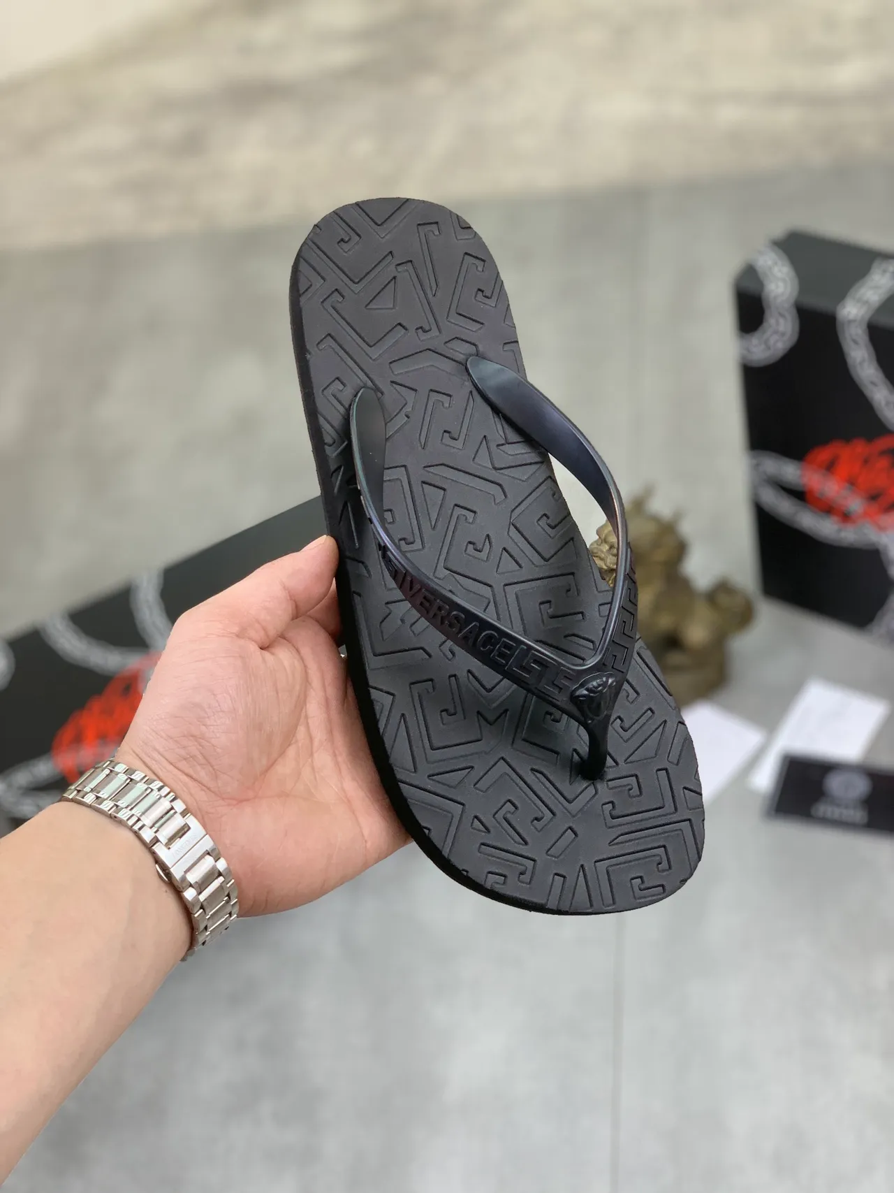 Versace Greca Flip-Flop Black White Embossed Pattern Medusa Head Detail Slippers 11
