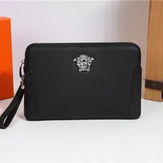 Versace La Medusa Black Pebbled Leather Wristlet